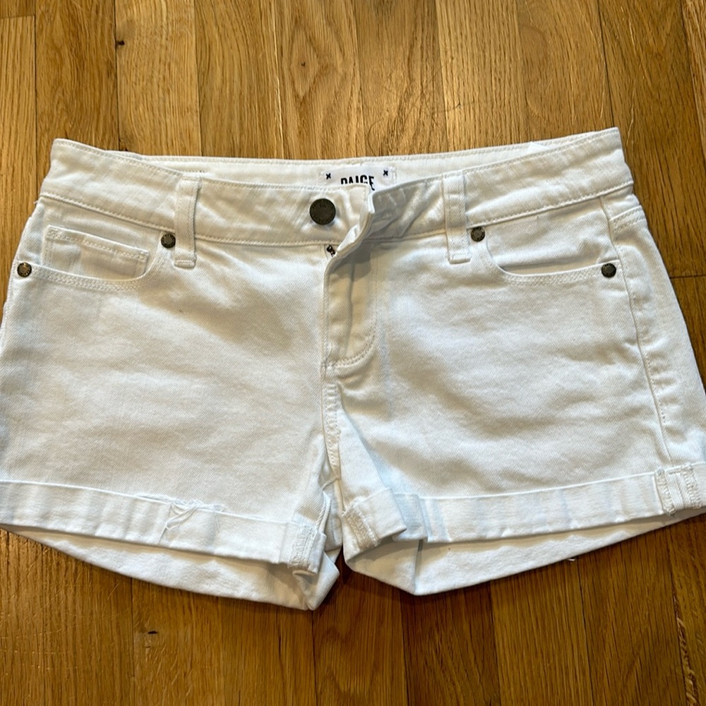 PAIGE Jimmy white denim raw cuffed shorts, size 25